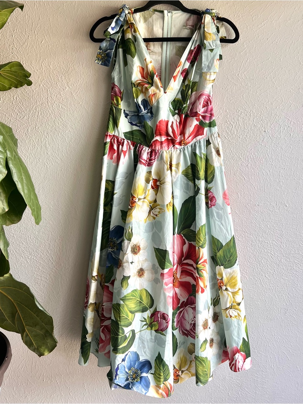 Dolce & Gabbana Floral Tie-Shoulder V-Neck Midi Dress -size 42